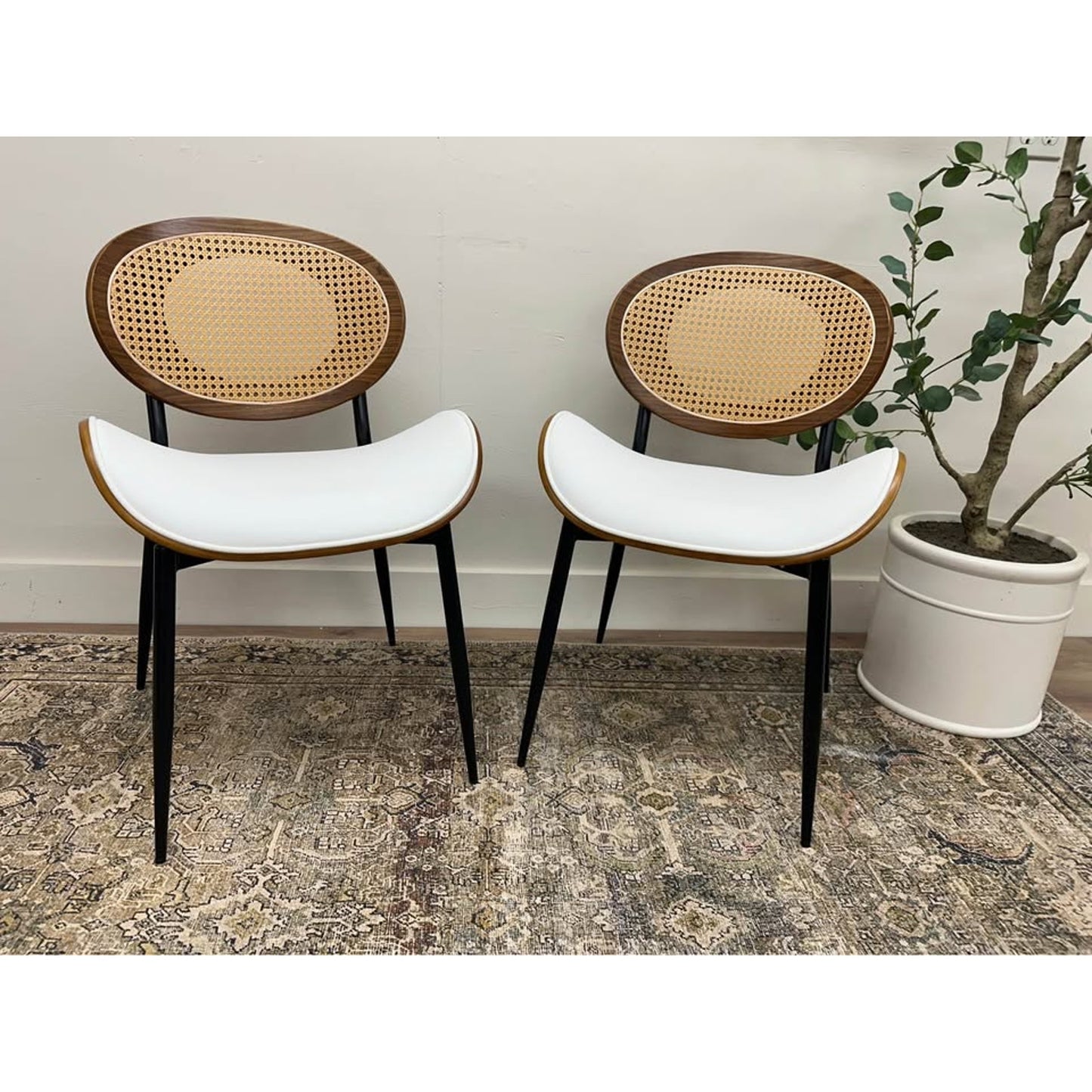 Wooden Oval Back Dining Chair Fabric Padded Seat Rattan Woven Kitchen Restaurant Cafe Set of 2