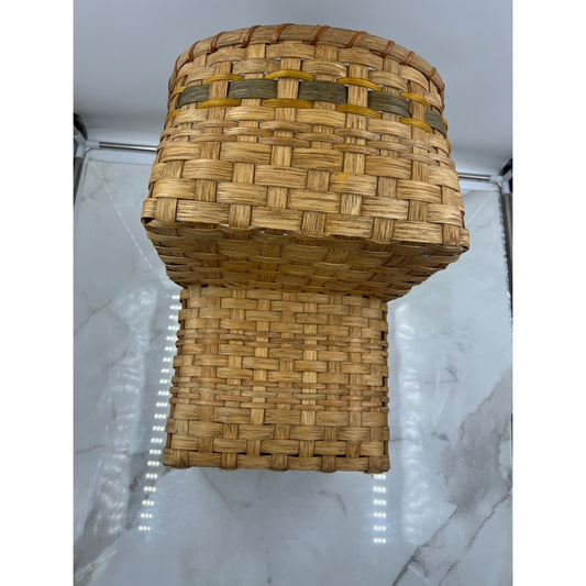 VTG Handmade Woven Stair Basket Wooden Handle Rustic Step Storage Natural Brown