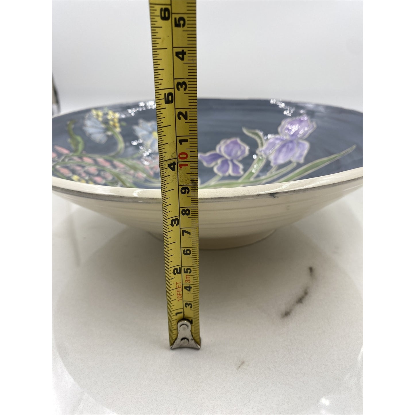 Studio Pottery Serving Bowl Handmade Spring Flowers Blue 12” Easter Spring