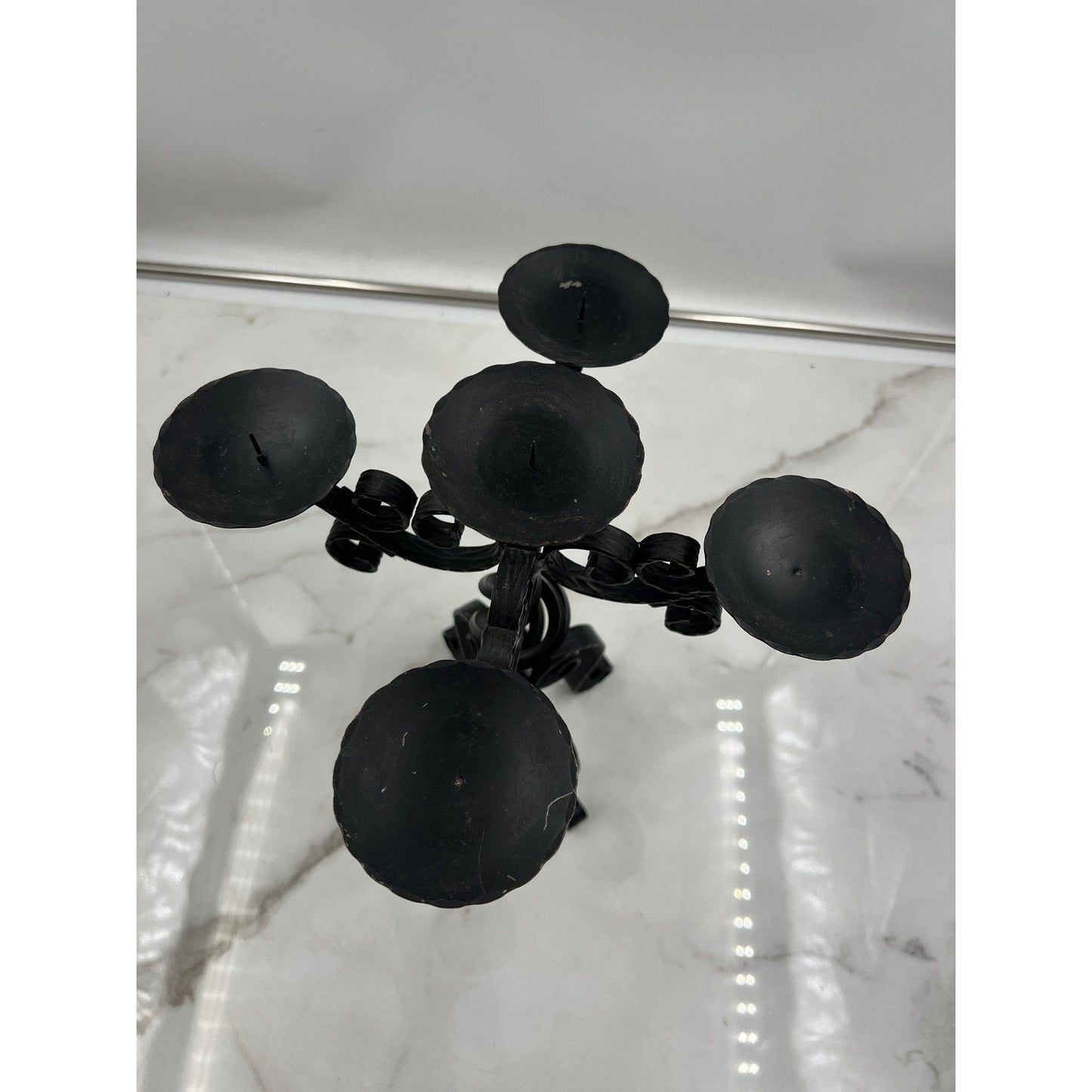 Vintage Wrought Iron 5 Light Candelabra Black Scroll Gothic Candle Holder 12in