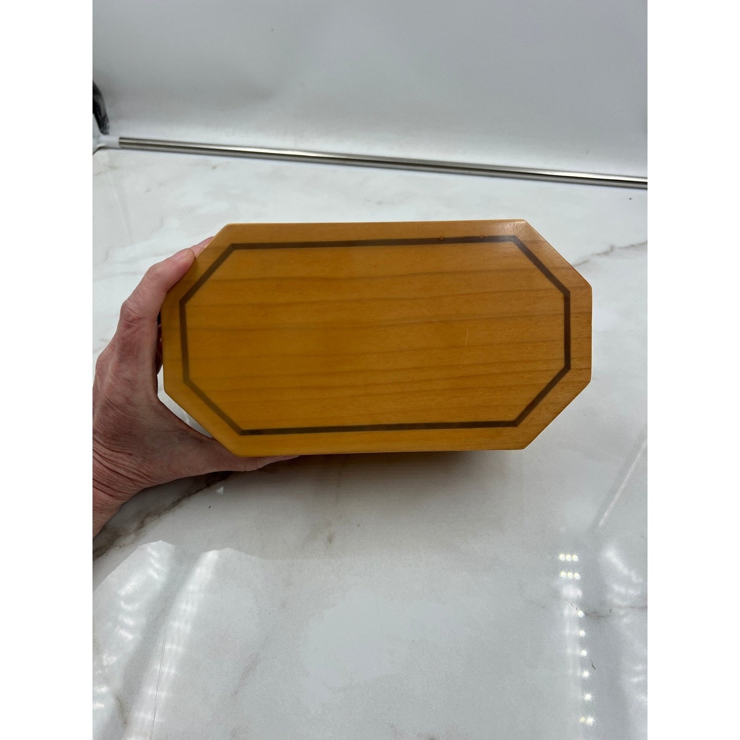 Vintage Octagon Wood Jewelry Box Inlay Detail and Removable Tray Brown Velvet
