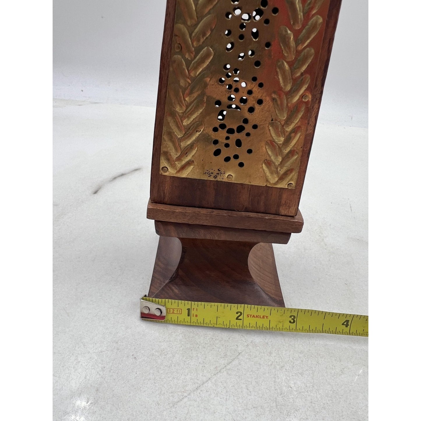 Handcarved Wood Tower Incense Burner Pagoda Brass Panel Cone Holder Decor
