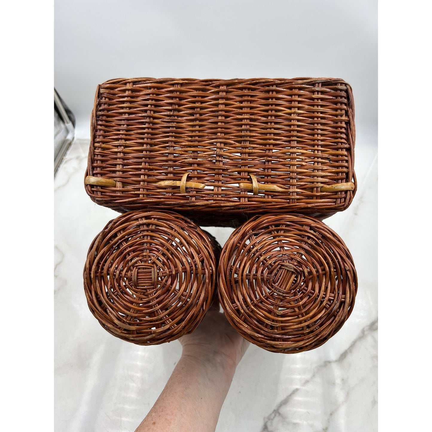 Vintage Wicker Bottle Carrier Picnic Basket Dual Cylinder Rectangular Compartmen