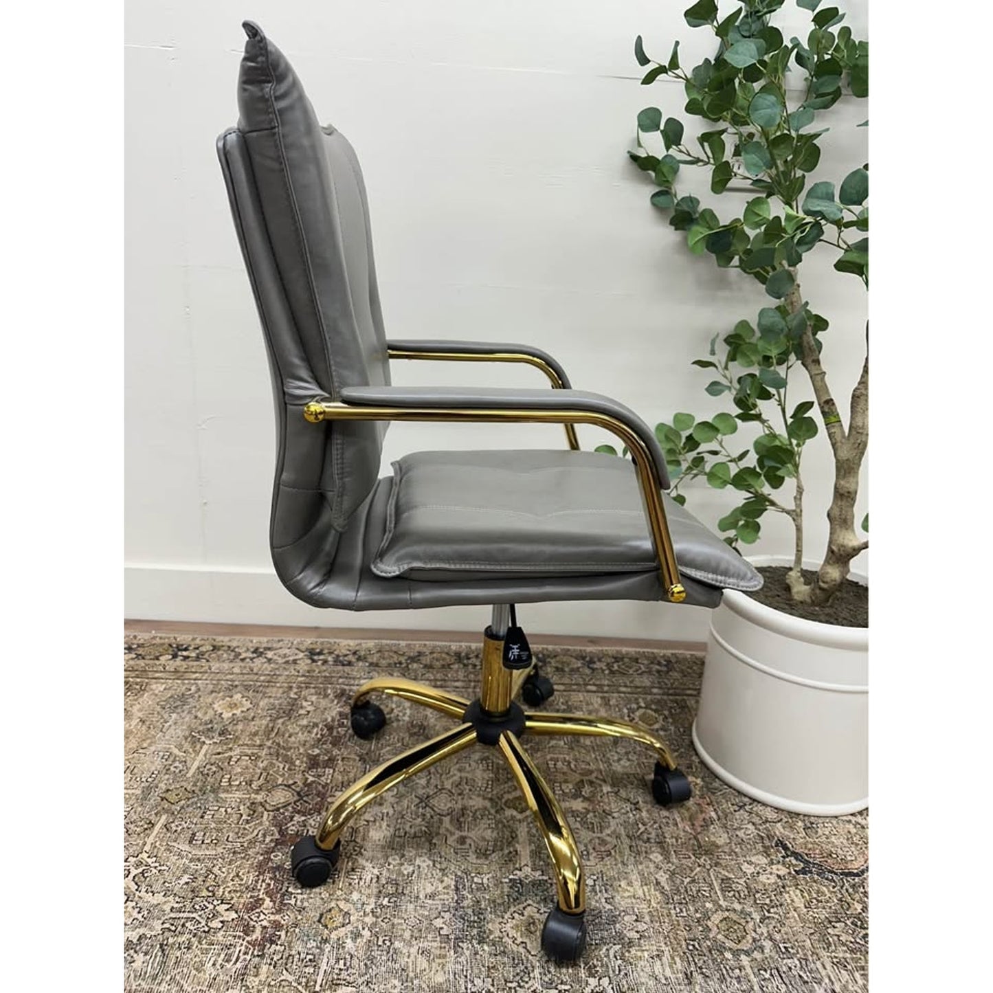 Riccardo Task Chair Dark GREY Faux Leather Gold Rolling Office Chair