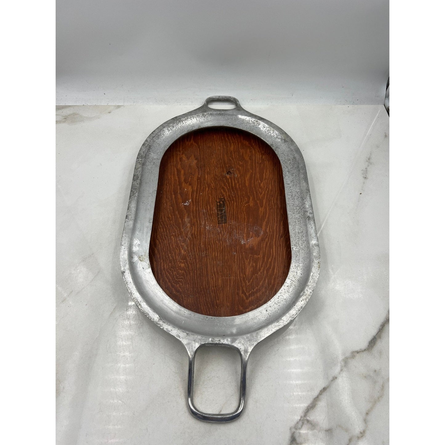 Vintage Wood Serving Tray Aluminum Handles Oval Platter Entertain