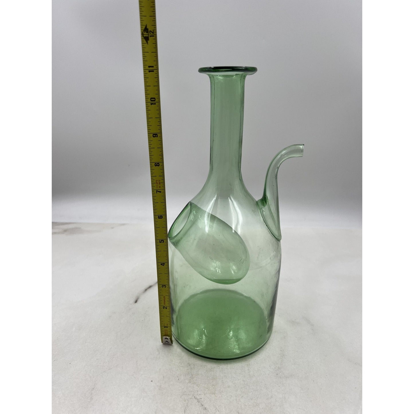Vintage Green Glass Double Spouted Porron Wine Pitcher 10" Hand Blown Art Spain