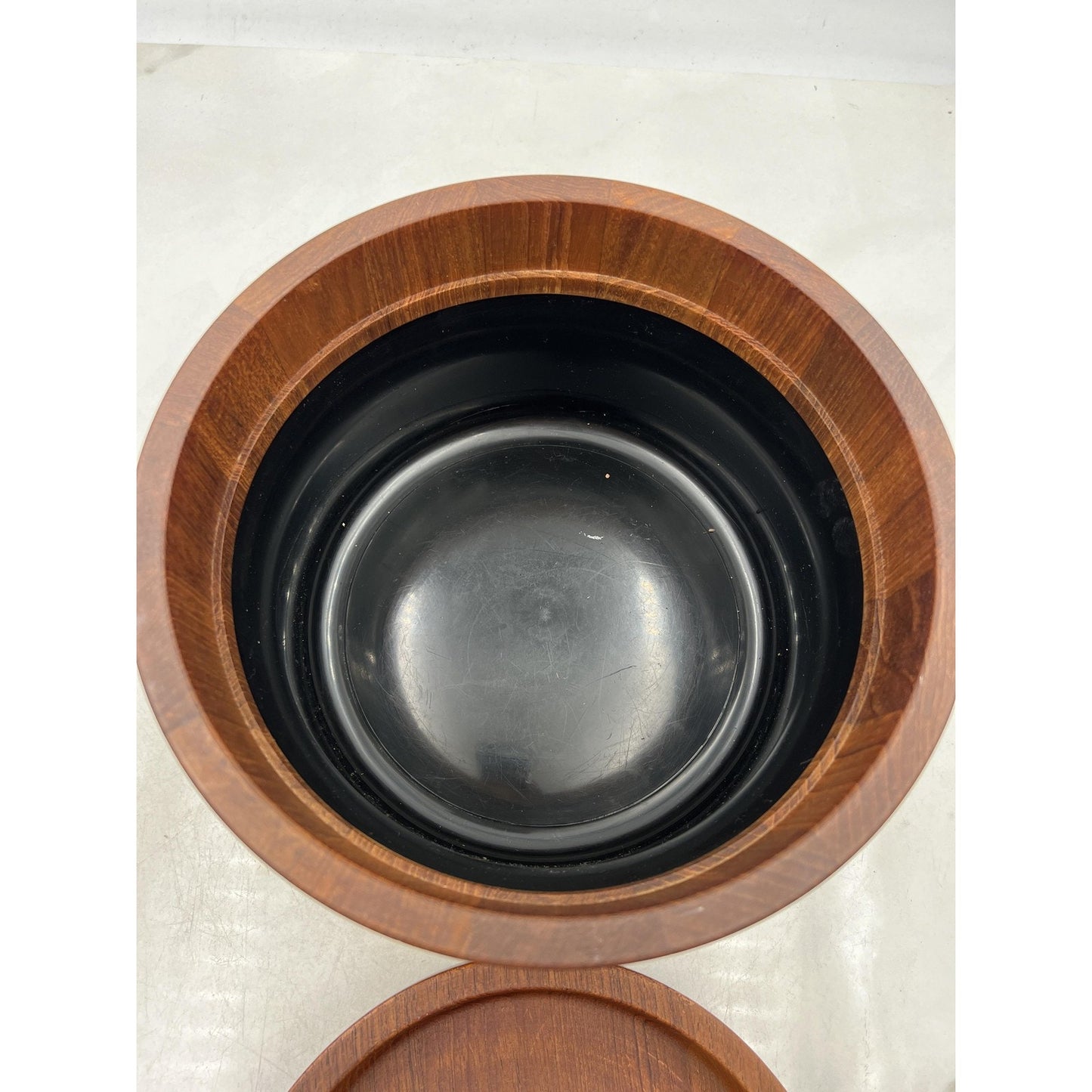 Dansk Teak Ice Bucket Mid Century Modern Barrel Lid Danish Denmark Wood Barware