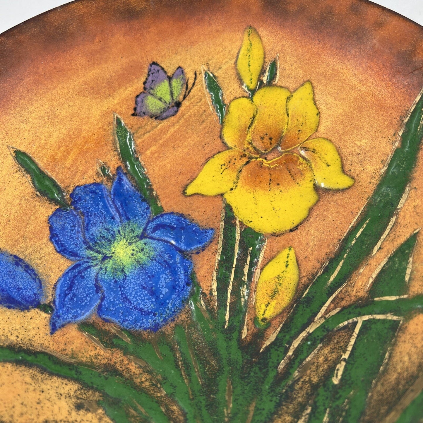 VTG Copper Bowl Enamel Painted Floral Decorative Cala Lillies Bowl Signed 11"