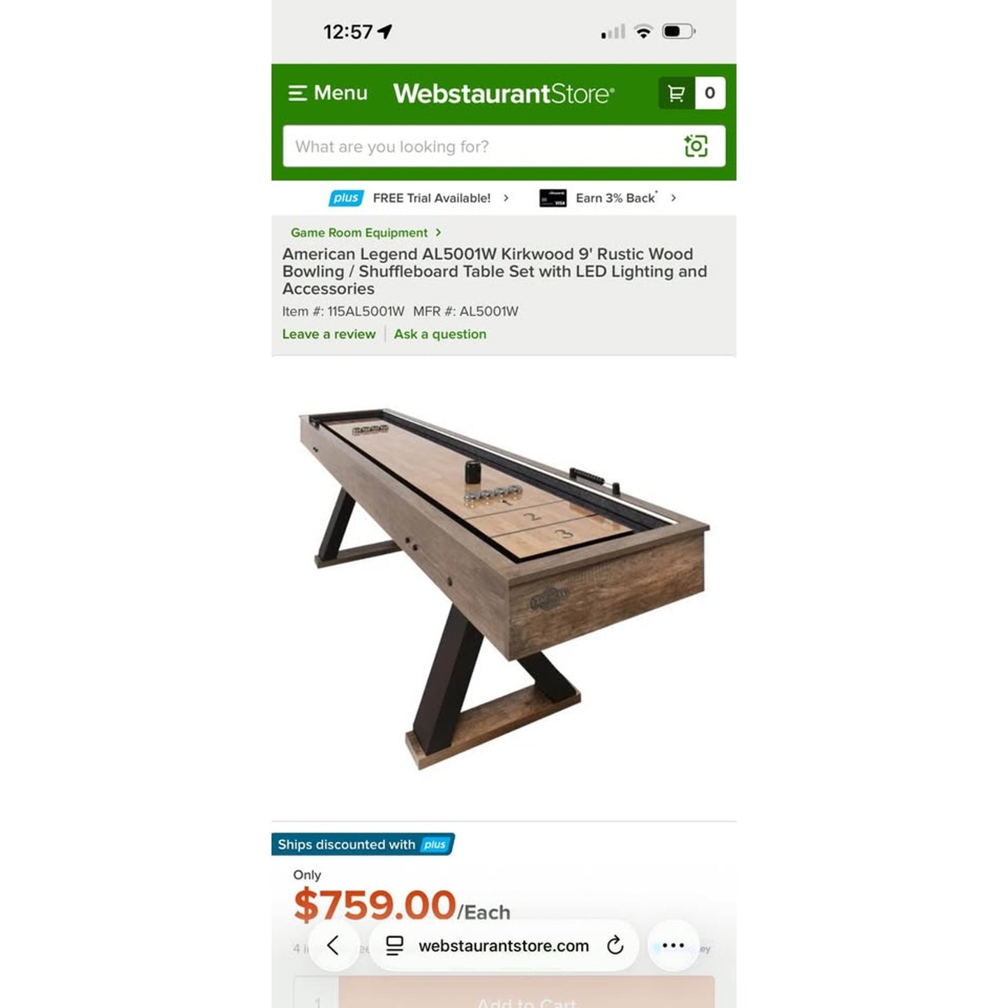 American Legend AL5001W Kirkwood 9' Rustic Wood Bowling / Shuffleboard Table Set with LED Lighting