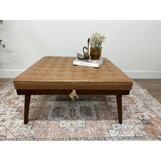 Julian Ottoman Genuine Leather- CAMEL Tufted Wood Legs
