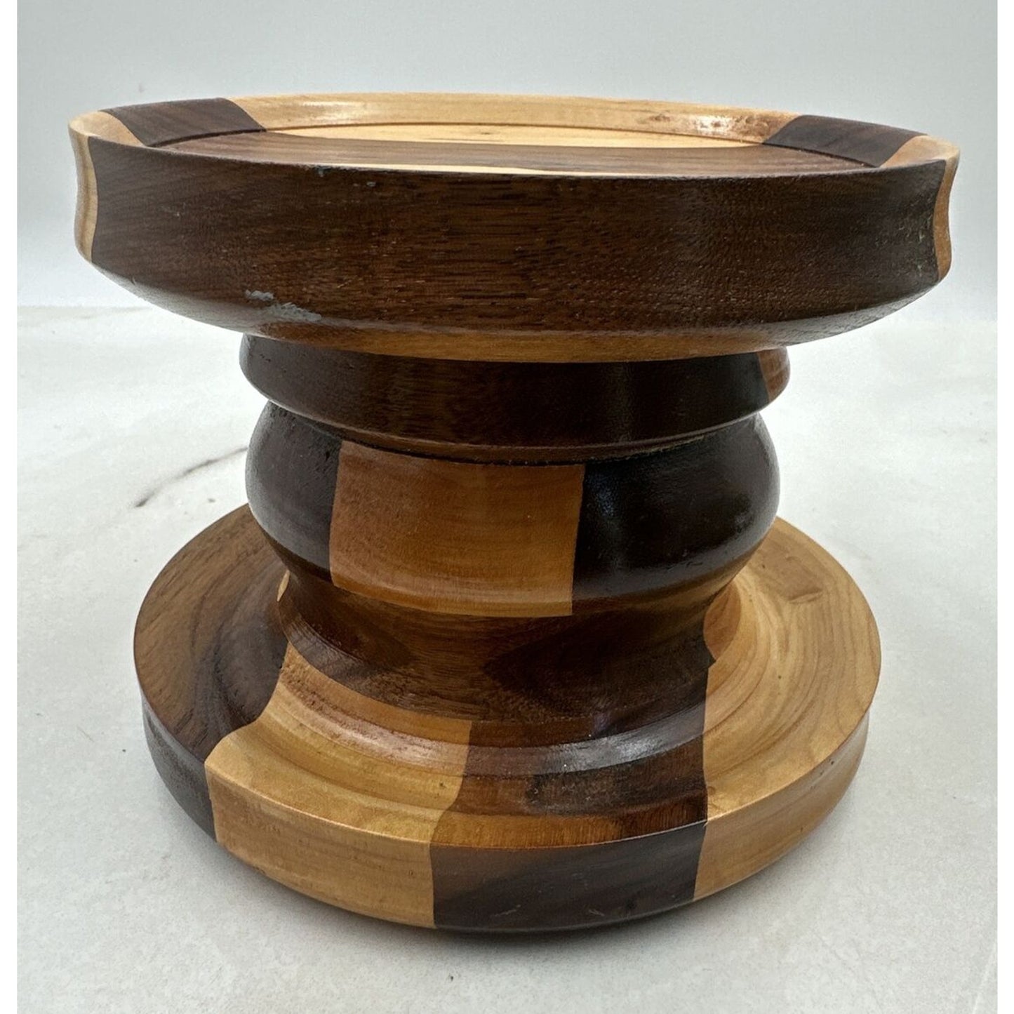 Vintage Wood Pillar Candle Holder Multi Toned Round -5" Tall- 6" Diameter