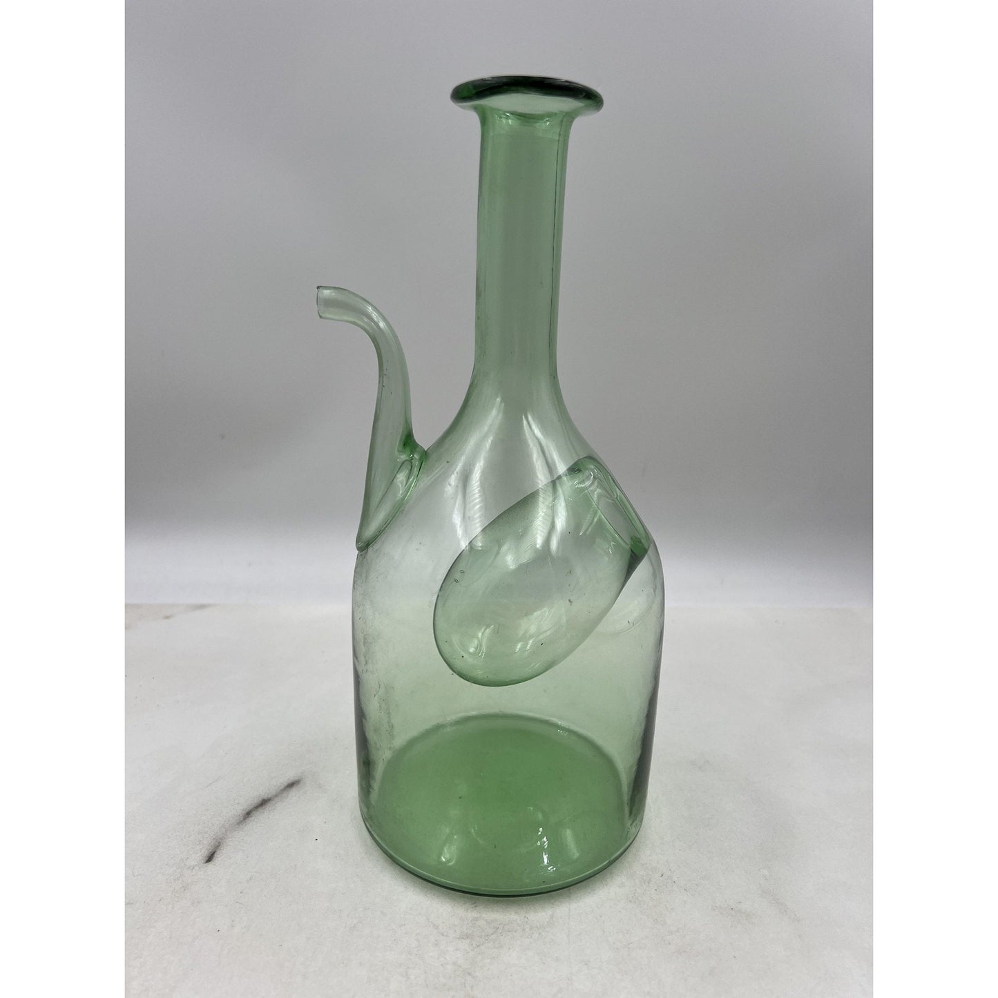 Vintage Green Glass Double Spouted Porron Wine Pitcher 10" Hand Blown Art Spain