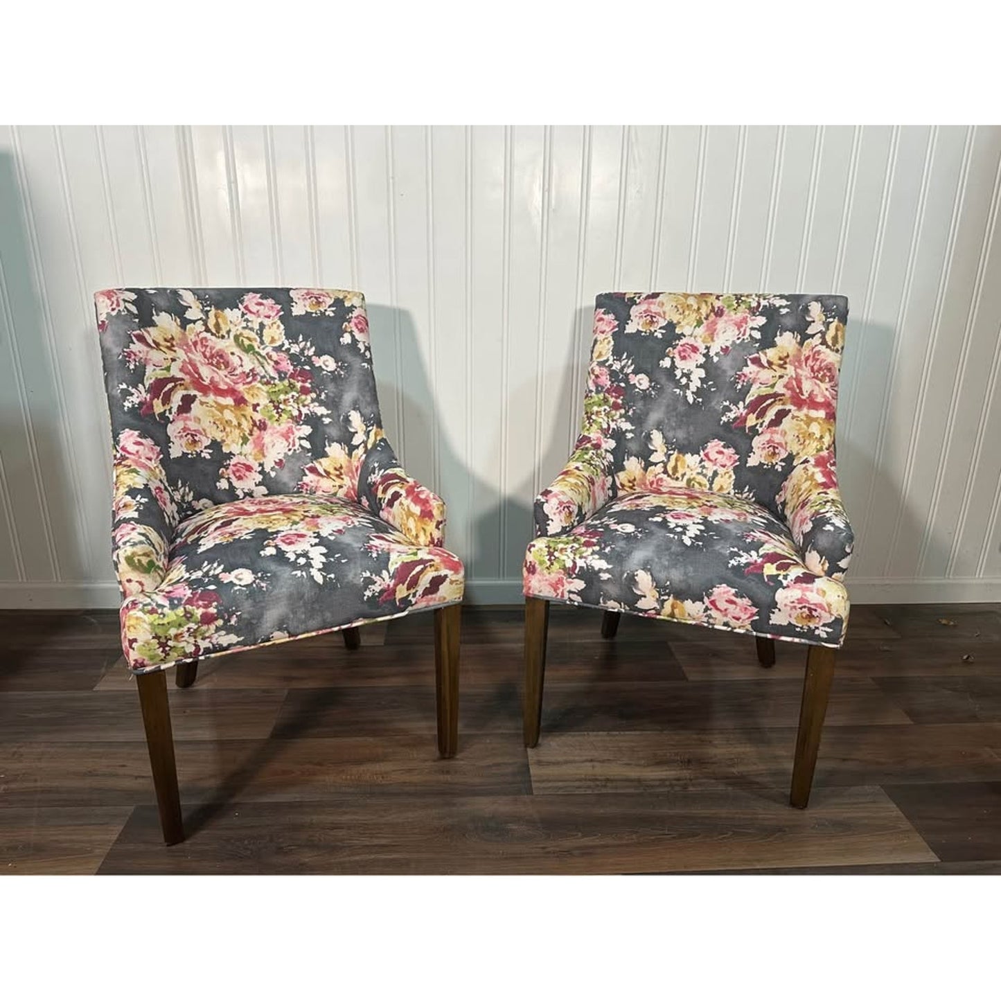 Grandin Road Armchairs Floral Fabric Covered Dining Kitchen Gray Set of 2