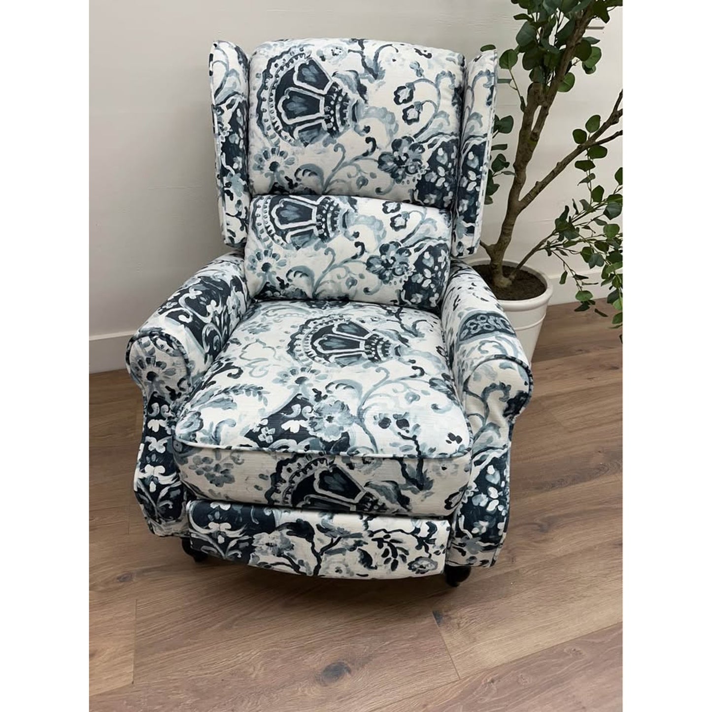 Asikli Manual Recliner Blue White Floral Upholstered Fabric New Karat Home