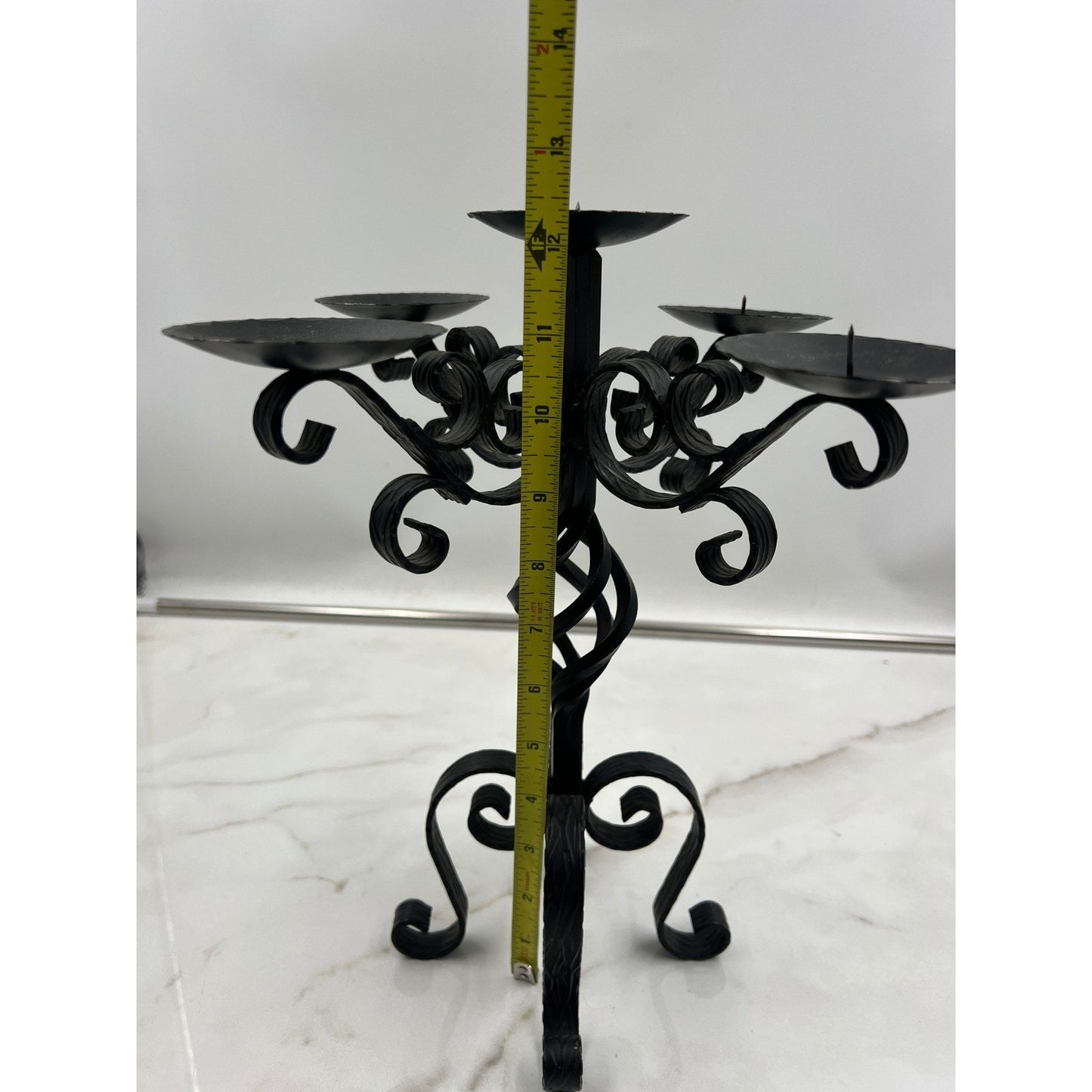 Vintage Wrought Iron 5 Light Candelabra Black Scroll Gothic Candle Holder 12in