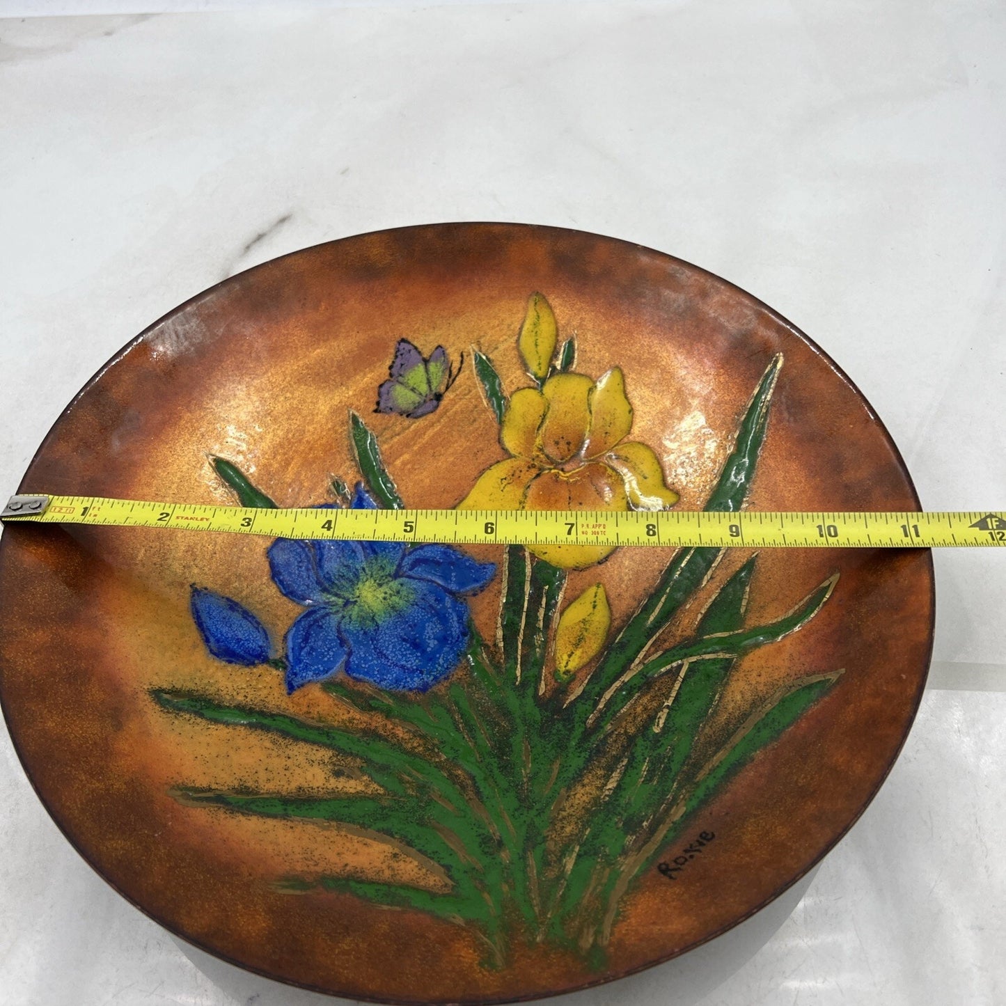 VTG Copper Bowl Enamel Painted Floral Decorative Cala Lillies Bowl Signed 11"