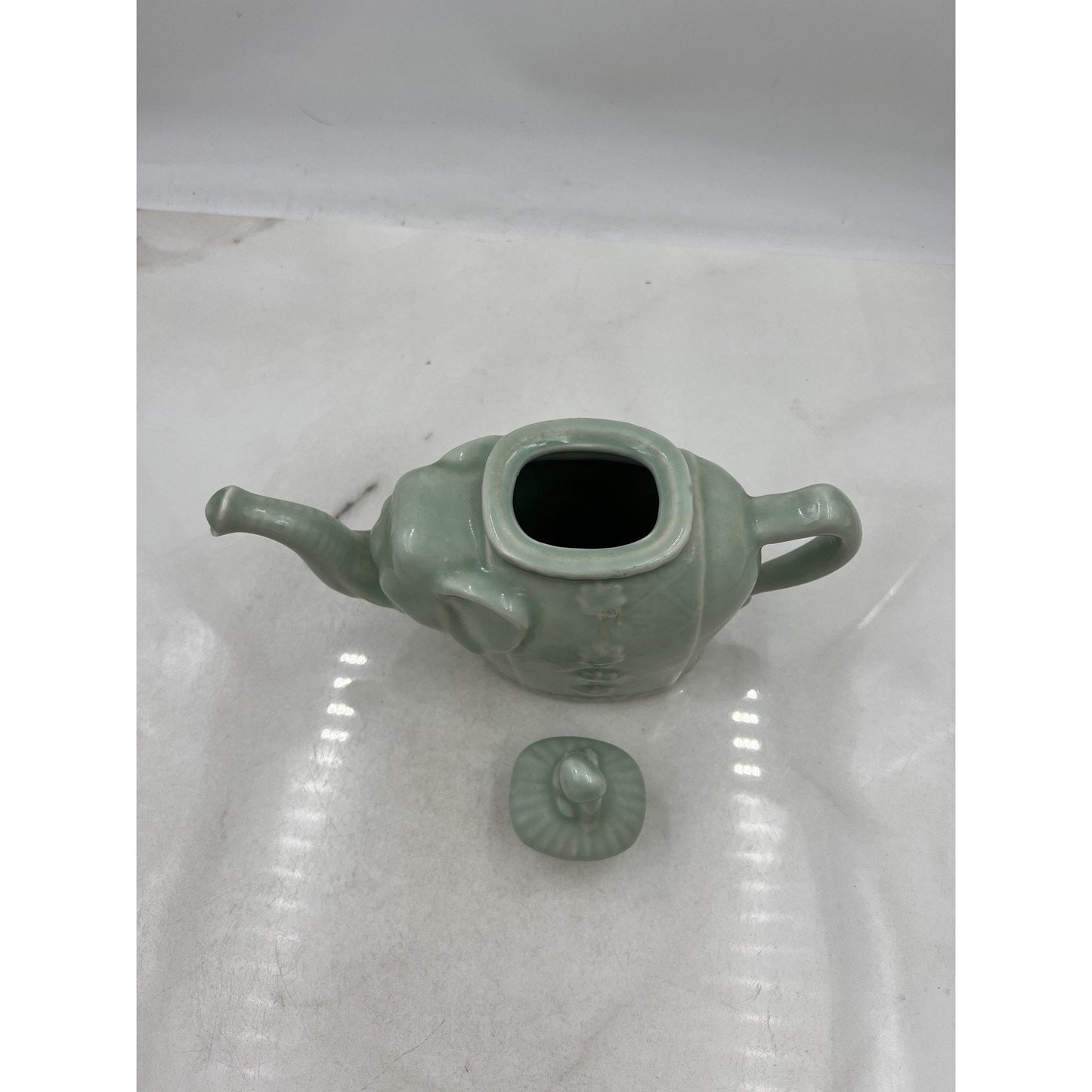 Celadon Porcelain Elephant Teapot Figural Lidded Pot Chinese Mark Relief Glaze