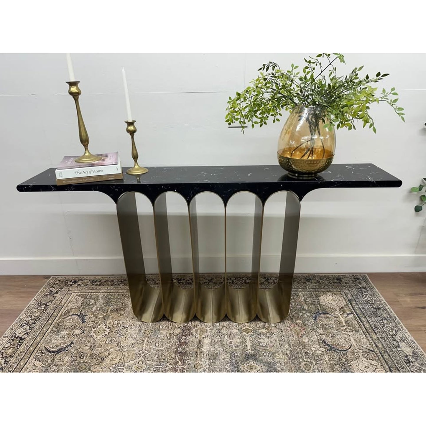 Curley Entry Table Console By Everly Quinn Black Marble Top Heavy Gold Base