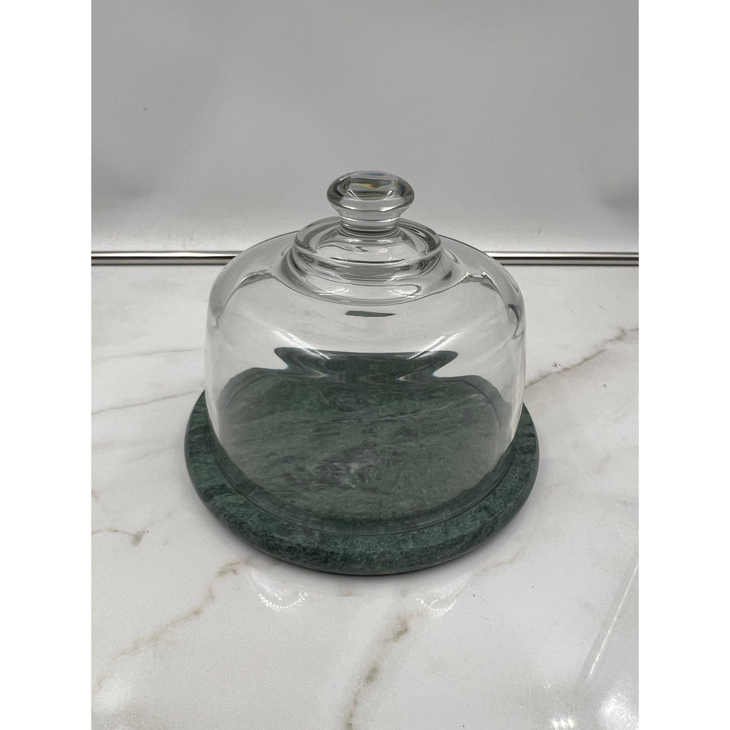 VTG Dutch Garden Green Marble Cheese Dome with Glass Cloche 7.5 Inch Base