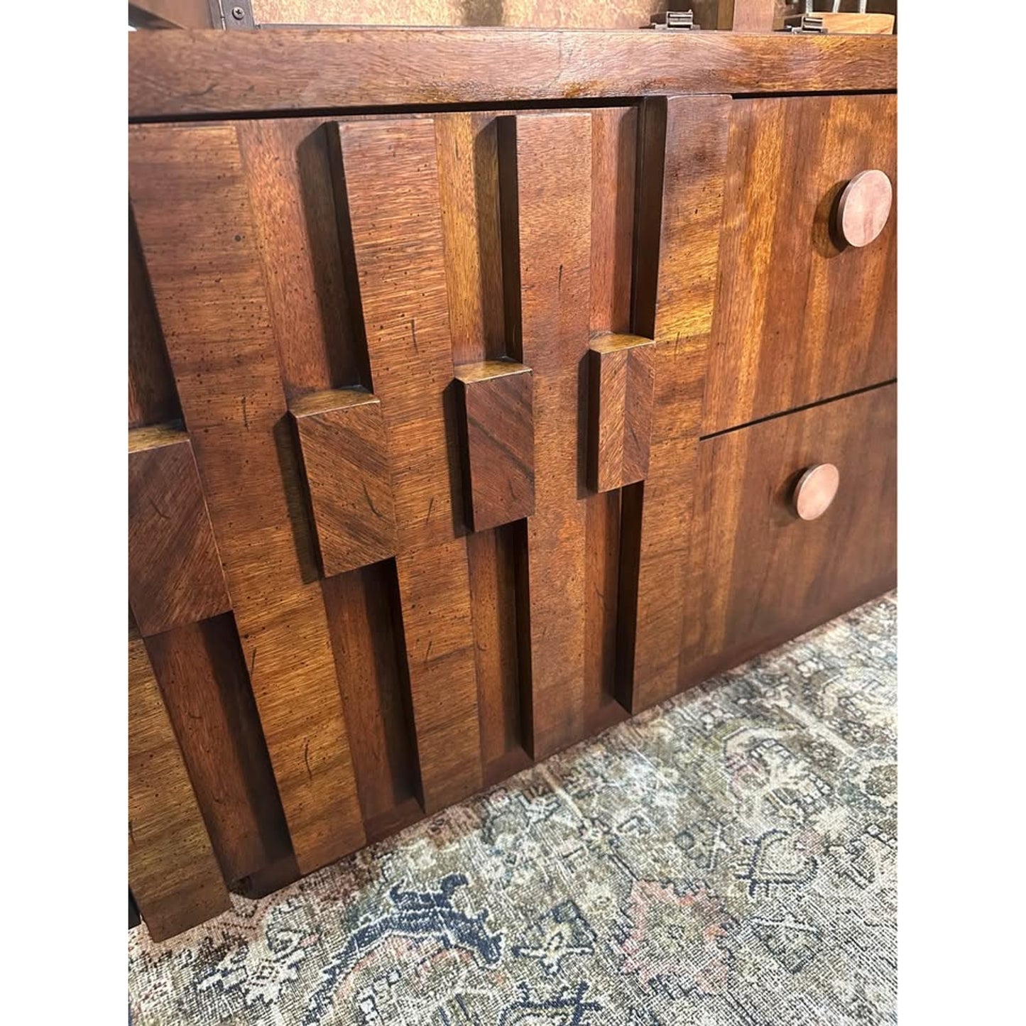 VTG Lane Staccato Brutalist Mid Century Dark Walnut Buffet and Hutch