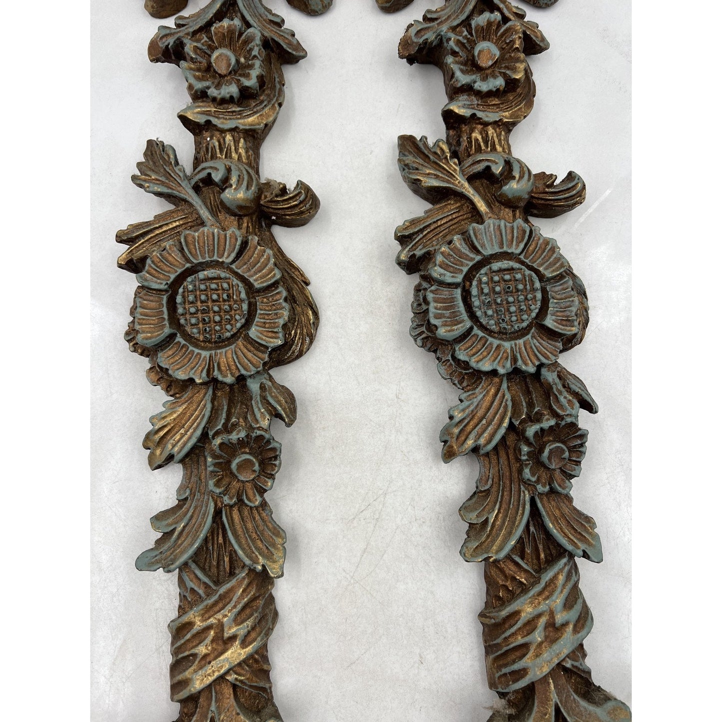 VTG Ornate Resin Wall Appliques Acanthus Floral Ribbon Rococo Green Gold French