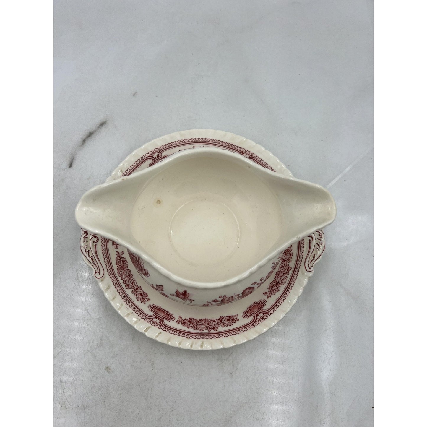 Vintage Mason's Manchu Ironstone Gravy Boat Saucer Red Floral England 9" Ceramic