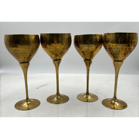 Vtg Brass Wine Glasses Goblet Bar Drink Chalice 7" Hammered Texture Tulip Stem 4