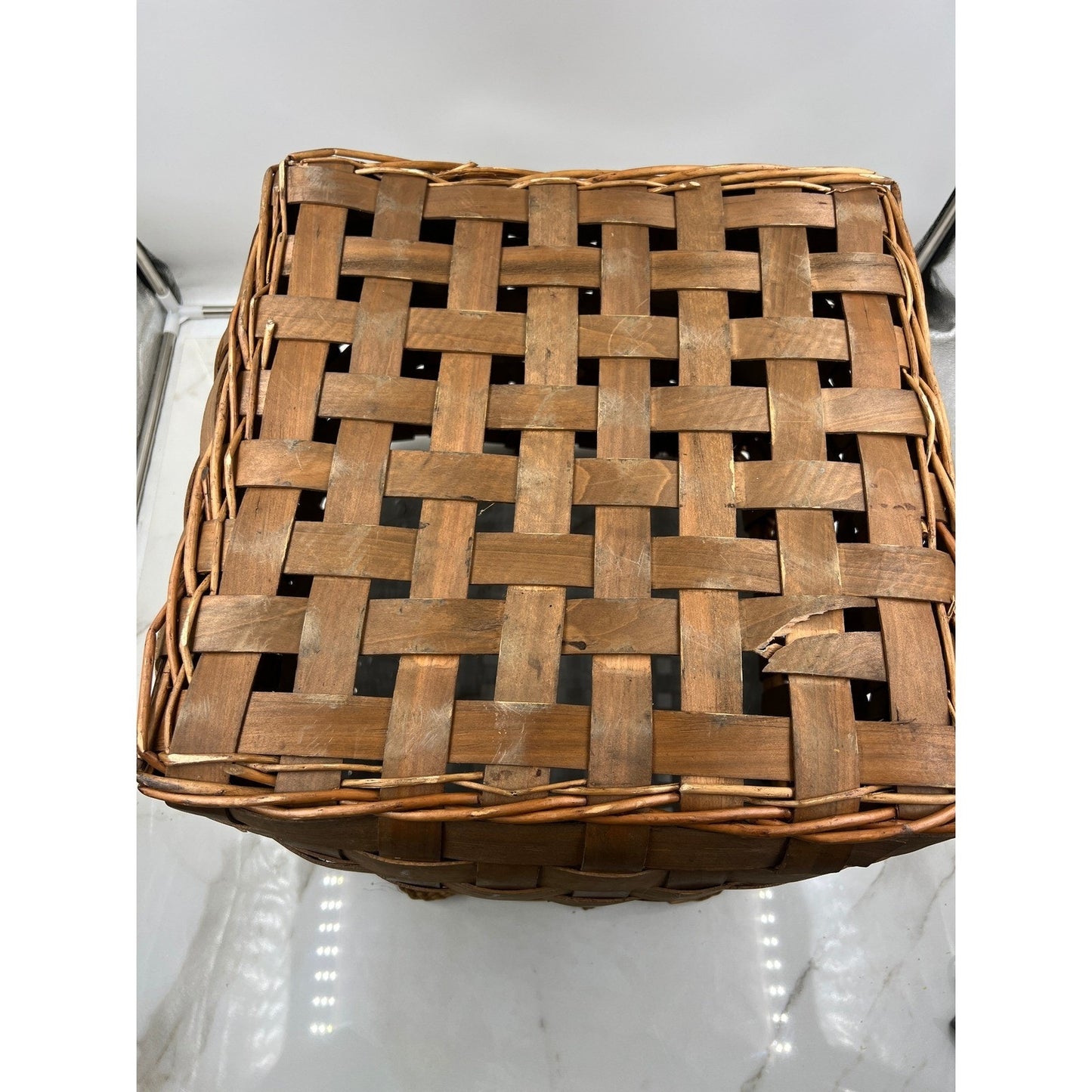 Vintage Woven Wood Splint Basket Square Farmhouse Storage with Rope Handles