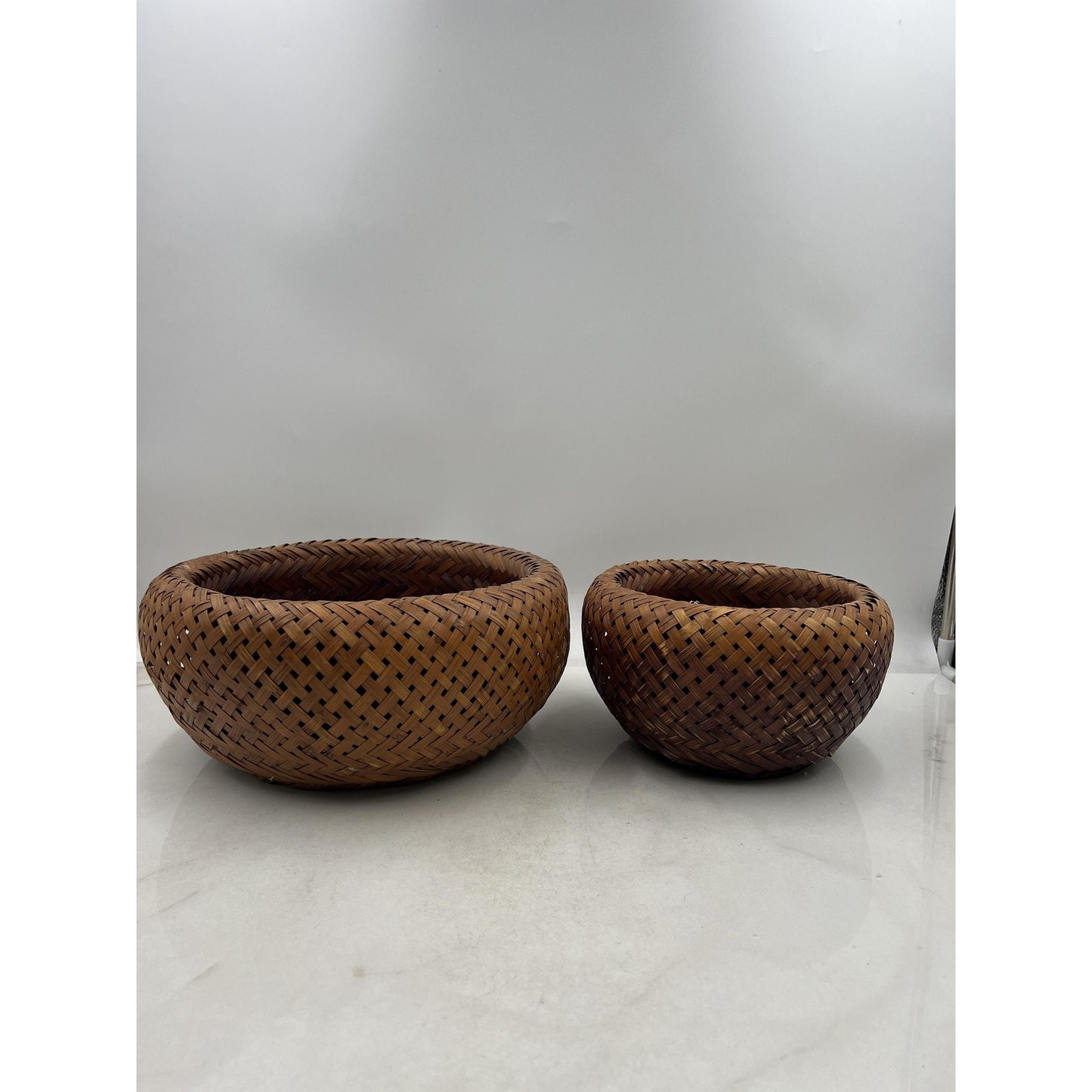 Handwoven Rattan Bamboo Wicker Basket Bowl Set Pair Nesting Boho Decor Round